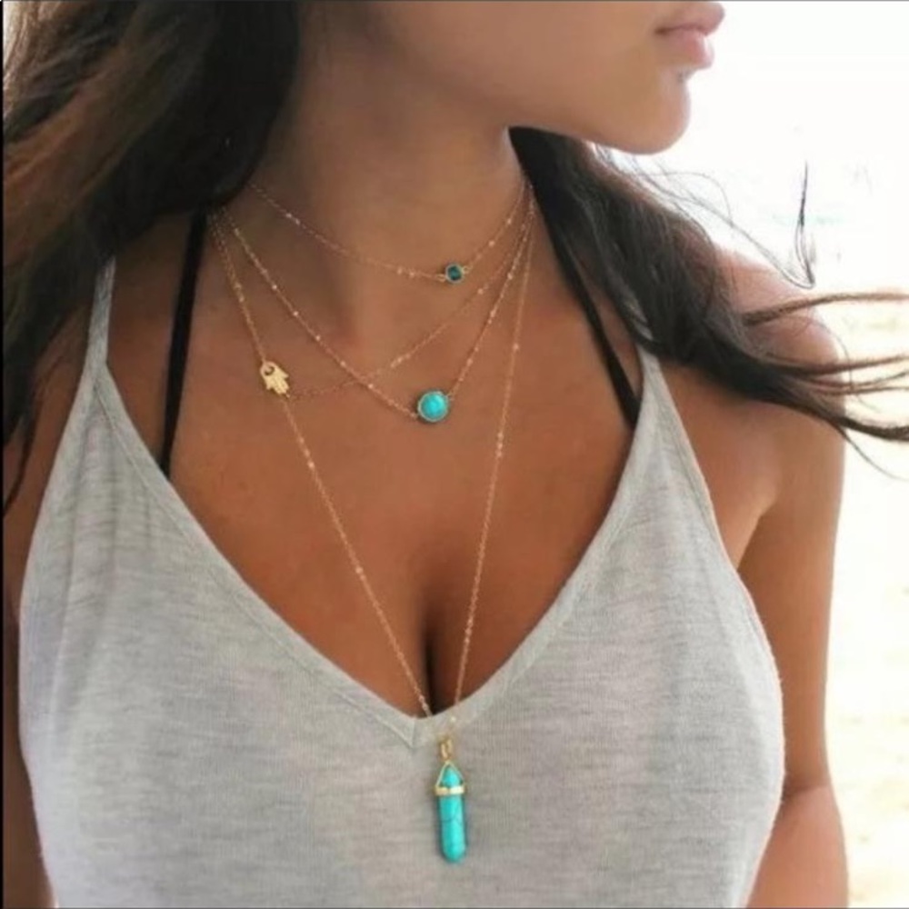 V style 4 layers gold neclace with sky blue stone